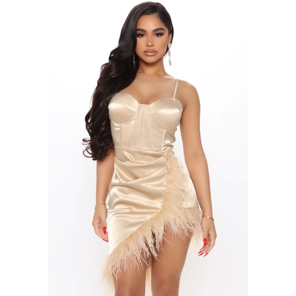 Faint Feathers Satin Mini Dress Fashion Nova Gold Nude Prom Homecoming Pageant